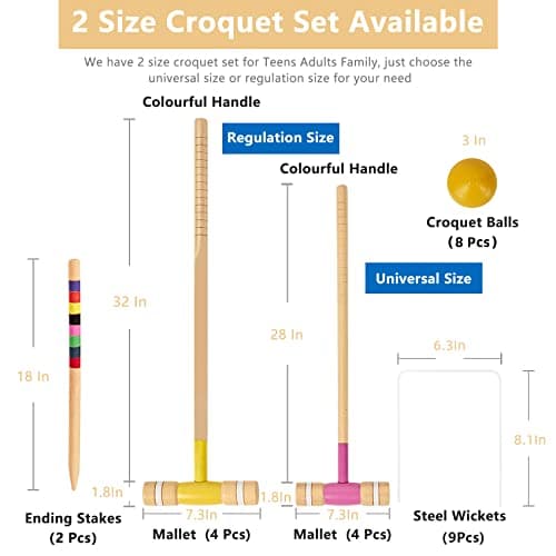 SpeedArmis 8 Players Croquet Set with 32In Regulation | 28In Standard Size Rubber Wood Mallets, Colored PE Ball, Wickets, 21In End Stakes - Lawn Backyard Game Kit for Teens/Adults/Family 2