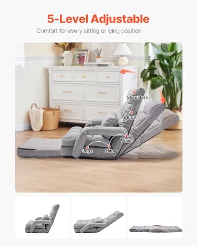 VEVOR Floor Chair, Floor Gaming Chair with 5 Adjustable Position and Back Support, Folding Sofa Chair with Armrest for Adults, Sofa Lounger Bed with Back Cushion for Living Room and Bedroom, Gray 4