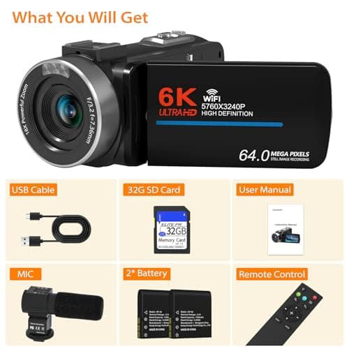 Video Camera Camcorder, 6K 64MP Vlogging Camera with IR Night Vision for YouTube, 18X Digital Zoom 3.0'' Touch Screen WiFi Camera with Microphone, 2.4G Remote Control, 2 Batteries & 32G SD Card 5