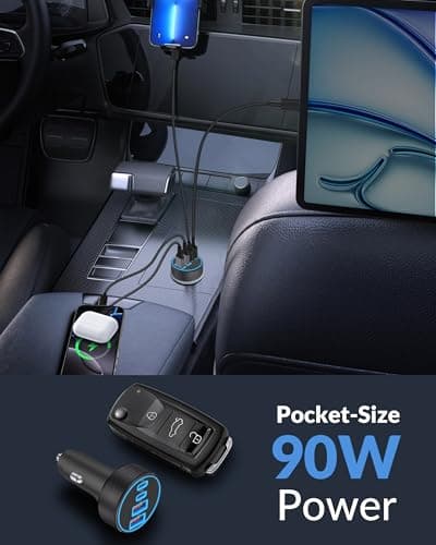 [4 in 1] USB C Car Charger, 4-Port 90W Super Fast Charging Cigarette Lighter Adapter, Dual 45W USBC & USB-A Multiport Car Phone Charger Accessories for iPhone 17 16 15 14 13 12, iPad, Galaxy, Tablet 4