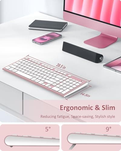 FENIFOX Wireless Keyboard, Bluetooth & 2.4G USB & USB-C Rechargeable Silent Ultra Quiet Low Profile Compact Full Size with Number Pad Soft Multi Device for Mac MacBook Windows PC - Pink & Rose Gold 5