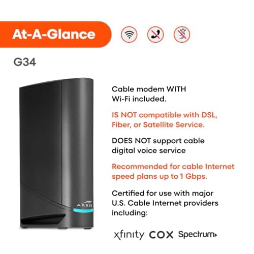 ARRIS (G34) - Cable Modem Router Combo - Fast DOCSIS 3.1 Gigabit WiFi 6 (AX3000), Approved for Comcast Xfinity, Cox, Spectrum & More, 1 Gbps Max Internet Speeds 3