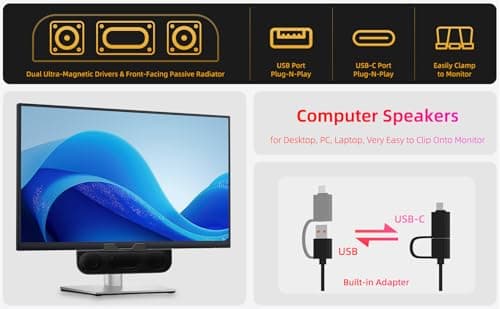 Computer Speakers for Desktop PC, Monitor Speakers, USB Plug-in, Wired, External Speaker for Laptop, Small Computer Soundbar for PC, with Loud Sound, Deep Bass, USB-C Adapter, Easily Clamp to Monitor 2
