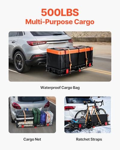 VEVOR 60x24x6 Folding Hitch Carrier - 500lb Capacity Cargo Basket & Waterproof Bag, Fits 2" Hitch Receiver for SUV, Truck, Pickup 2