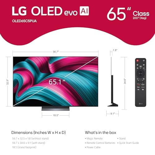 LG 65-Inch Class OLED evo AI 4K C5 Series Smart TV w/Dolby Atmos, Dolby Vision, HDR10, AI Super Upscaling 4K, Filmmaker Mode, Wow Orchestra, Alexa Built-in (OLED65C5PUA, 2025) 2