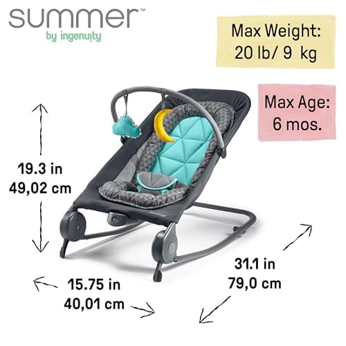 Summer Infant 2-in-1 Bouncer & Rocker Duo (Gray and Teal) Convenient and Portable Rocker and Bouncer for Babies Includes Soft Toys and Soothing Vibrations 3