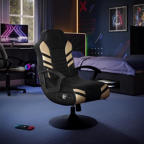 X Rocker Aries Youth PC Video Gaming Chair with Built-in Audio Speakers, Kids Pedestal Chair for Gamers, Swivel & Rock Base, Foldable Black & Gold, Gifts for Gamers 2