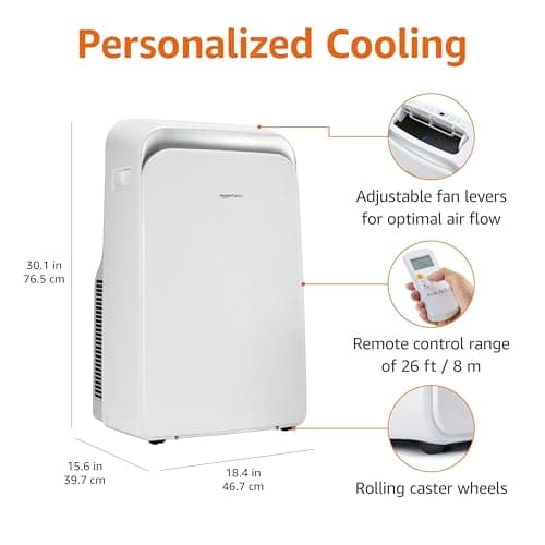 Amazon Basics 4-In-1 Portable Air Conditioner, 13500 BTU (ASHRAE), Cools Up to 550 Sqf, Portable AC with Cool/Heat/Dry (Dehumidifier)/Fan-Only Functions, Auto Mode, Sleep Mode, Timer, White 2