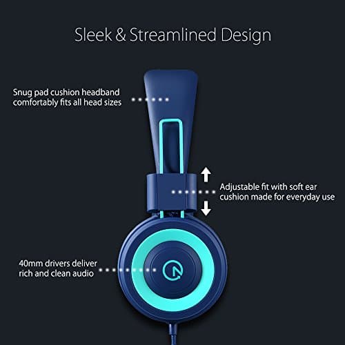 Kids Headphones - noot products K11 Foldable Stereo Tangle-Free 3.5mm Jack Wired Cord On-Ear Headset for Children/Teens/Boys/Girls/Smartphones/School/Kindle/Airplane Travel/Plane/Tablet (Navy/Teal) 2