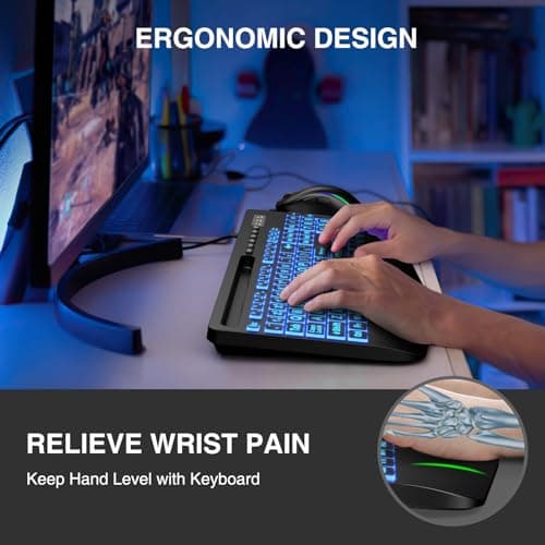 SABLUTE Large Print Backlit Keyboard, Wired USB Computer Keyboards with 7-Colors Backlight, Wrist Rest, Phone Holder, Oversized Letter Keys Easy to See and Type for Laptop, PC, Windows, Black 3