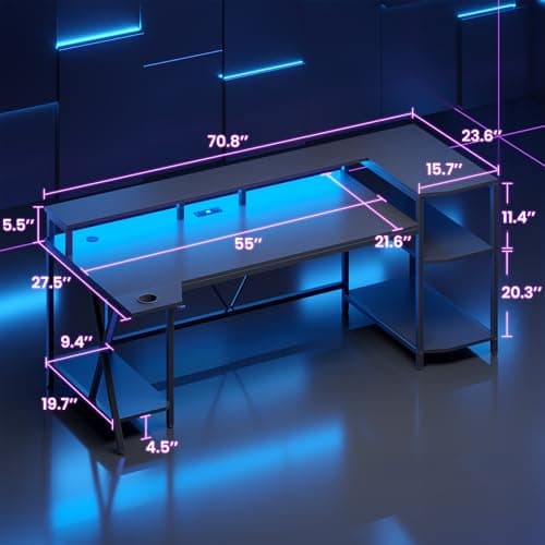 SEDETA Gaming Desk 70.8'' with LED Lights and Storage Shelves, Computer Desk with Monitor Stand, Power Outlets and Cup Holder, Large PC Gamer Desk, Gaming Table for Bedroom, Living Room, Black 2