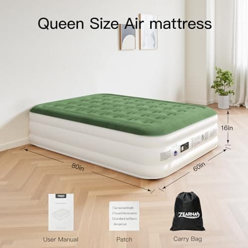 Zearna 2025 Upgraded Queen Air Mattress with Built in Pump，16'' Comfort Blow up Mattress, Quiet Surface Portable Inflatable Mattress, Air Bed with Storage Bag for Guests, Home, Camping, 660 lbs Max 2