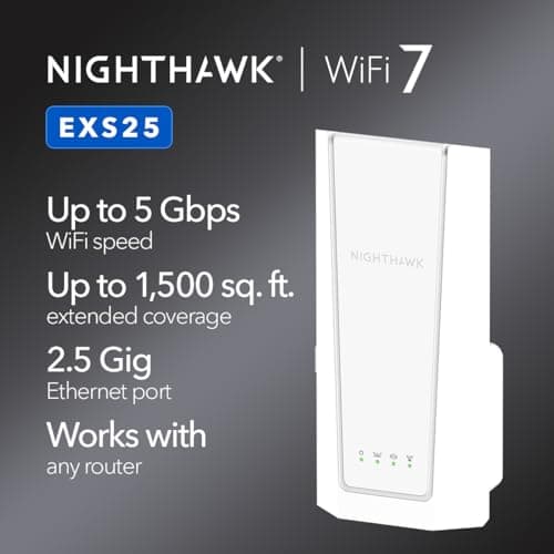 NETGEAR WiFi 7 Range Extender (EXS25) – BE5000 Dual-Band Wireless Signal Booster & Repeater (up to 5 Gbps Speed) - Add up to 1,500 sq. ft., 45 Devices - WPA3 Security, Smart Roaming 2