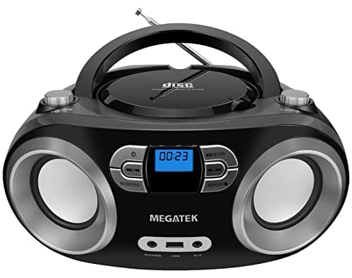 MEGATEK Portable CD Player Boombox with FM Radio, Bluetooth, USB Port, AUX Input, and Headphone Jack – CD-R/CD-RW/MP3-CD Compatible, Clear Stereo Sound, Backlit LCD Display – Black
