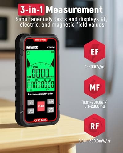KAIWEETS EMF Detector, 3-in-1 Handheld EMF Meter Detects EF, RF, MF, WiFi Signal, Rechargeable Radiation Detector with 3 Color Backlight and Sound Alarm, Suitable for Home, Office, Ghost Hunting 2