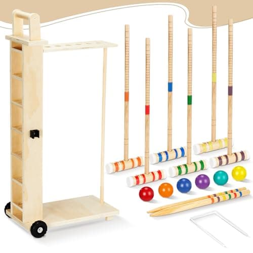 Hiboom 6 Player Croquet Set for Adults & Kids with Wooden Stand, Rubber Wooden Mallets, Colored Balls and Steel Wicket for Family & Friends, Great for Outdoor Lawn, Backyard Park 2