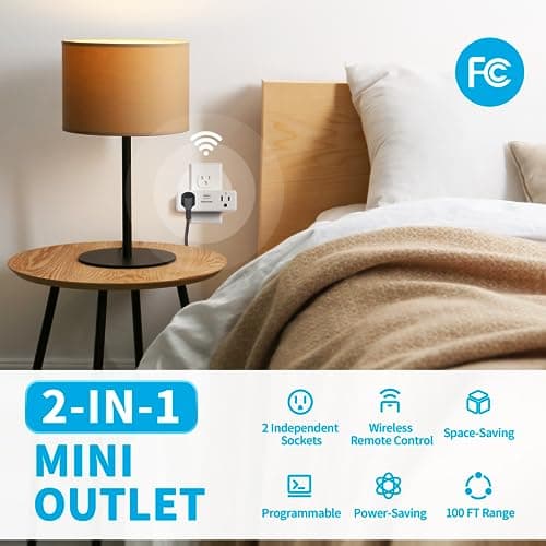 Syantek Remote Control Outlet with 2 Independent Control Sockets, Wireless Remote Light Switch Set, Remote Outlet Plug Up to 100 FT Range, FCC Certified, 15A/1875W, White (2 Outlets + 1 Remote) 2