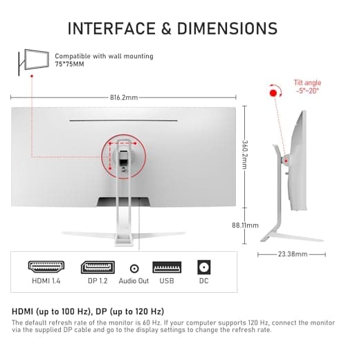 Gawfolk 34 Inch IPS Ultrawide 120Hz Gaming Computer Monitor, 21:9 UWFHD (2560x1080) PC Screen, 120% sRGB, Adaptive Sync, 178° Viewing Angle, Display Port, HDMI, Compatible with Wall mounting - White 5