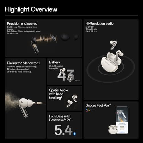 OnePlus Buds Pro 3, Wireless Bluetooth Earbuds, Noise Canceling Earbuds, Deep Bass, Immersive Sound, Up to 44 Hour Playtime with Charging case, Lunar Radiance 4