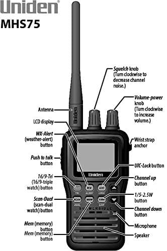 Uniden MHS75 Waterproof Handheld 2-Way VHF Marine radio, Submersible, Selectable 1/2.5/5 Watt Transmit Power. All USA/International and Canadian Marine Channels - Color Black 2