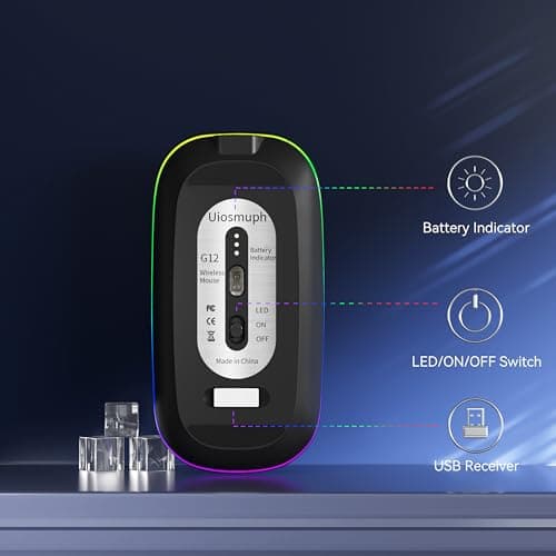 Uiosmuph LED Wireless Mouse, G12 Slim Rechargeable Silent Mouse, 2.4G Portable USB Optical Computer Mice with USB Receiver and Type C Adapter (Matte Black) 5
