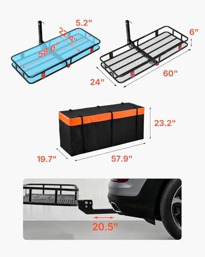 VEVOR 60x24x6 Folding Hitch Carrier - 500lb Capacity Cargo Basket & Waterproof Bag, Fits 2" Hitch Receiver for SUV, Truck, Pickup 3