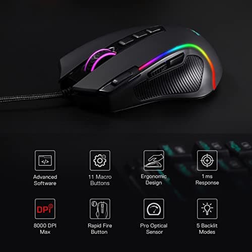 Redragon M612 Predator RGB Gaming Mouse, 8000 DPI Wired Optical Mouse with 11 Programmable Buttons & 5 Backlit Modes, Software Supports DIY Keybinds Rapid Fire Button 3