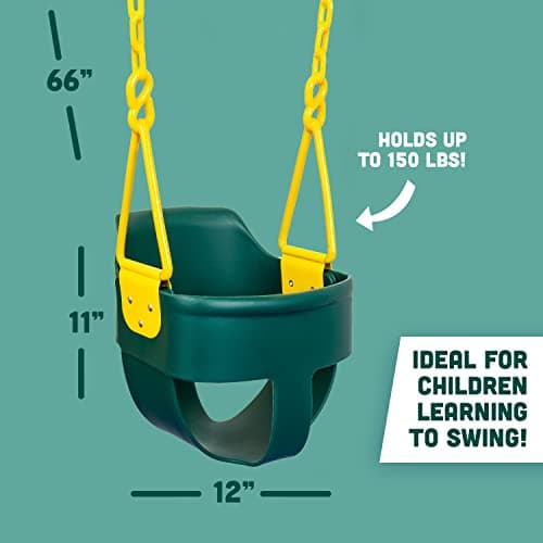 Premium High Back Full Bucket Toddler Swing Seat with Finger Grip, Plastic Coated Chains and Carabiners for Easy Install - Green - Squirrel Products 3