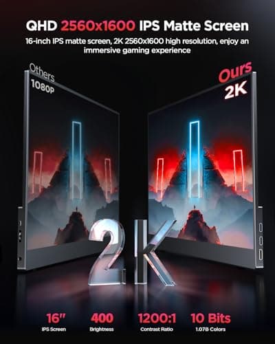 UPERFECT 2K 120Hz Portable Gaming Monitor, 16" 2560x1600 QHD 16:10 400 Nits Portable Monitor for Laptop w/VESA & Cover HDR FreeSync Eye Care External Second Screen for PC Phone Game Console 2