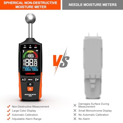 LASELION MS04 Pinless Moisture Meter with Ball Probe for Non-Destructive Area Scans Ideal for Wood Walls and Construction Materials Customizable Humidity Alarms Built-in Flashlight 5