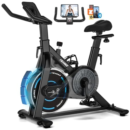 CHAOKE Exercise Bike, Quiet Adjustable Magnetic Stationary Bike for Home Cardio with App Compatible, 350LB Weight Capacity Indoor Cycling Bike with Large Seat, Dumbbell Rack, Pull Cords & LCD Display