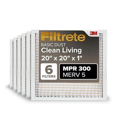 Filtrete 20x20x1 AC Furnace Air Filter, MERV 5, MPR 300, Capture Unwanted Particles, 3-Month Pleated 1-Inch Electrostatic Air Cleaning Filter, 6-Pack (Actual Size 19.69x19.69x0.81 in)