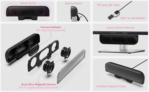 Computer Speakers for Desktop PC, Monitor Speakers, USB Plug-in, Wired, External Speaker for Laptop, Small Computer Soundbar for PC, with Loud Sound, Deep Bass, USB-C Adapter, Easily Clamp to Monitor 4