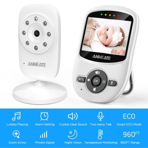 ANMEATE Video Baby Monitor with Digital Camera, Digital 2.4Ghz Wireless Video Monitor with Temperature Monitor, 960ft Transmission Range, 2-Way Talk, Night Vision, High Capacity Battery（1 Camera） 2