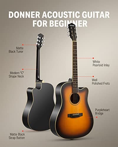 Donner Acoustic Guitar for Beginner Adult Full Size Cutaway Acustica Guitarra Bundle Kit with Free Online Lesson Bag Strap Tuner Capo Pickguard String Pick, Right Hand 41”Sunburst, DAG-1CS/DAD-160CS 2
