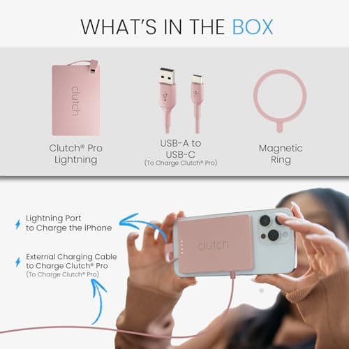 Clutch Pro Portable iPhone Charger for Travel 5000 mAH TSA Approved Magnetic Airplane Safe Portable Charger only Compatible with iPhone 14 & Older Devices with Built-in Lightning Cable 3.7 oz - Pink 5