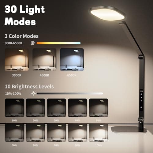 LitONES LED Desk Lamp for Home Office, Eye-Caring Modern Desk Light, 3 Color Temperature 10 Brightness Computer Light, Dimmable Desk Light with Memory & Timer Func, Metal Swing Arm Table Lamp 3
