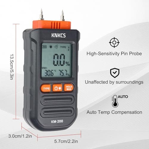 KNKCS Wood Moisture Meter for Lumber - Ideal Moisture Meter for Wood, Firewood, Lumber, Bricks, Floors, Drywall - Accurate to 0.1% with Backlit LCD, Temperature & Humidity Display 2
