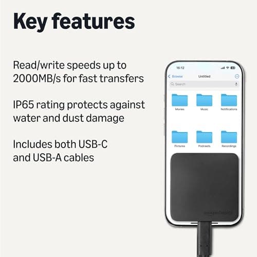Amazon Basics Portable External SSD, External Solid State Drive 1TB, speeds up to 2000MB/s, USB 3.2 Gen 2, IP65 Water & Dust Resistant, Black 2