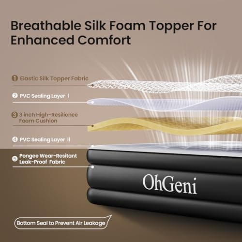 OhGeni 18" Luxury Air Mattress Queen with Built-in Pump, Silk Foam Topper Inflatable Bed for Superior Comfort, Premium Blow-Up Mattress for Home & Guest, Easy Setup, Extra Support, Black 2