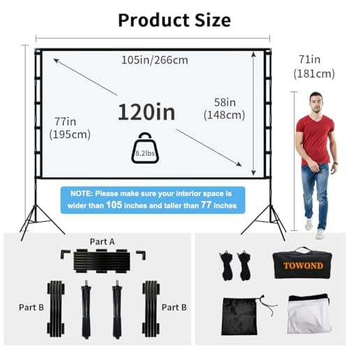 Projector Screen and Stand, Towond 120 inch Portable Projector Screen Indoor Outdoor Movie Screen 16:9 4K HD Wrinkle-Free Lightweight Projection Screen with Carry Bag for Backyard Movie Night 2