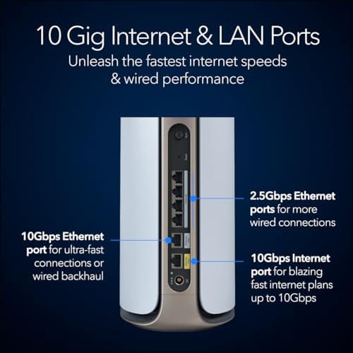 NETGEAR Orbi 970 Series Quad-Band WiFi 7 Mesh Network System (RBE973S), Router + 2 Satellite Extenders, Security Features, Up to 27Gbps, Covers Up to 10,000 sq. ft., 200 Devices, 10 Gig Internet Port 4