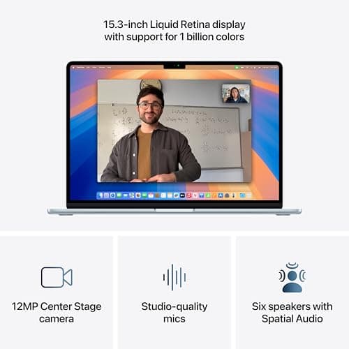 Apple 2025 MacBook Air 15-inch Laptop with M4 chip: Built for Apple Intelligence, 15.3-inch Liquid Retina Display, 16GB Unified Memory, 256GB SSD Storage, 12MP Center Stage Camera, Touch ID; Sky Blue 2