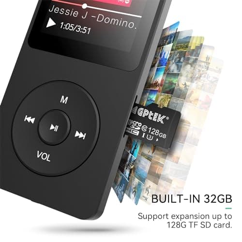 AGPTEK A02 MP3 Player with Bluetooth 5.3, 1.8 inch Screen Portable Music Player with Speaker, FM Radio, Voice Recorder, Supports Expanded Up to 128GB(Black, 32GB) 5