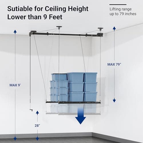 FLEXIMOUNTS GL1 Overhead Garage Lifting Storage Rack, 4x4 Ft Heavy-Duty Metal Garage Ceiling Rack, Adjustable Organization System With 71''L Axle, 300lbs Weight, Black 5
