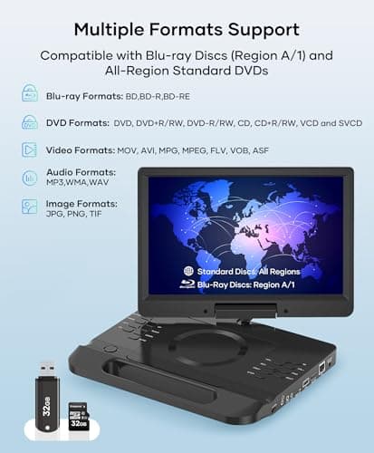 FANGOR 13.3’’ Portable Blu Ray Player with 12’’ 1080P Full HD Swivel Screen, Blu-ray DVD Player with HDMI Out & AV in, 4-5 Hours Rechargeable Battery, Support USB/Micro SD Card 3