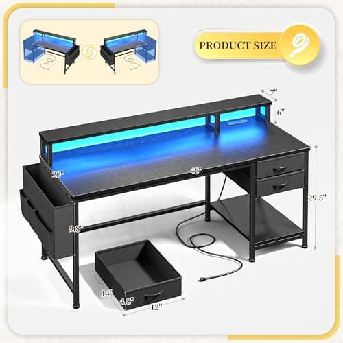 DurayLoly 48" Computer Desk with Drawers & Storage Bag, Gaming Desk with Power Outlets and LED Lights, Office Desk with Monitor Stand for Bedroom Gaming Room, Study Work Home Office, Black 3