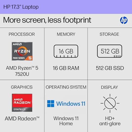 HP 17.3 inch Laptop, HD+ Display, AMD Ryzen 5 7520U, 16 GB RAM, 512 GB SSD, AMD Radeon Graphics, Windows 11 Home, Natural Silver, 17-cp2199nr 2