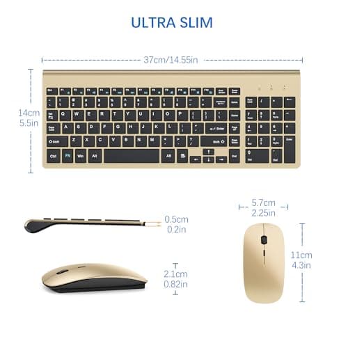 Wireless Keyboard and Mouse Ultra Slim Combo, TopMate 2.4G Silent Compact USB 2400DPI Mouse and Scissor Switch Keyboard Set with Cover, Batteries Included, for PC/Laptop/Windows/Mac - Gold Black 5