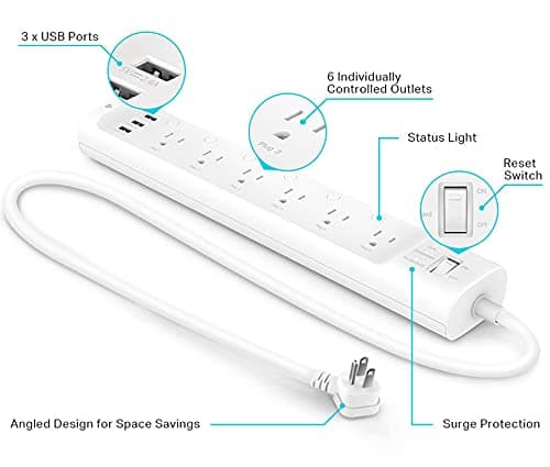 Kasa Smart Plug Power Strip HS300, Surge Protector with 6 Individually Controlled Smart Outlets and 3 USB Ports, Works with Alexa & Google Home, No Hub Required , White 3